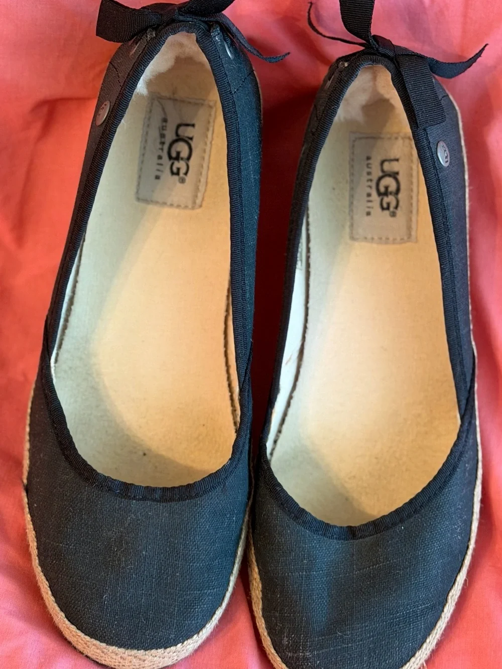 UGG Black Canvas Espadrille Flats with Bow Trim